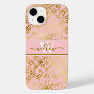 Damask Pattern Blush Pink Gold Name Monogram Case-Mate iPhone 14 Hoesje