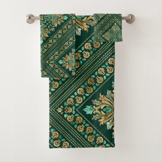  Damask Pattern - Emerald green and gold Bad Handdoek (Insitu)
