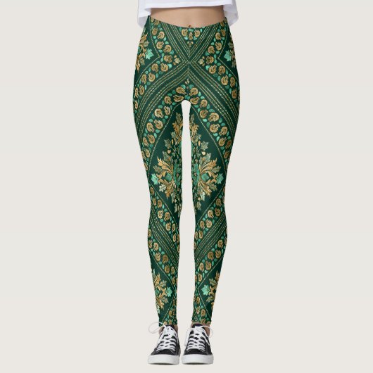 Damask Pattern - Emerald green and gold Leggings (Voorkant)