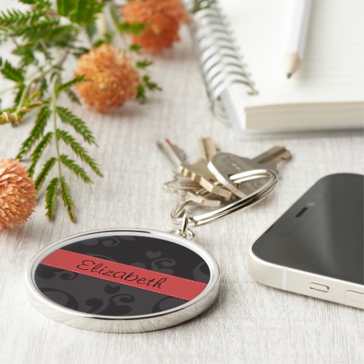 Damask Pattern, Grey Damask, Jouw naam Sleutelhanger (Zijkant)