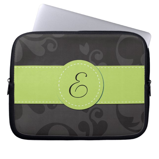 Damask Pattern, Grey Damask, Monogram Laptop Sleeve (Voorkant)