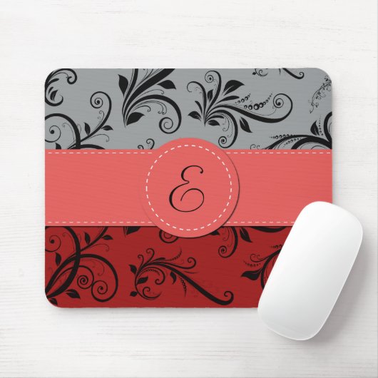 Damask Pattern, Grey Damask, Red Damask, Monogram Muismat (Met muis)