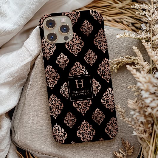 Damask Pattern Monogram Roos Gold Black Case-Mate iPhone Case