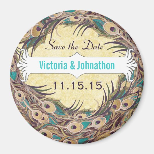 Damask Pauw Ei Aubergine Aqua Save the Date Magnet Magneet (Voorkant)