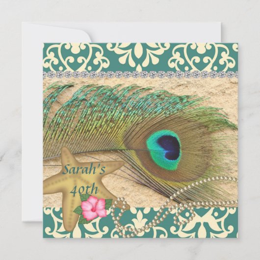 DAMASK PEACOCK BEACH 50th BIRTHDAY INVITATION Kaart (Voorkant)