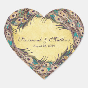 Damask Peacock Elegance Eggplant Gold en Aqua Hart Sticker
