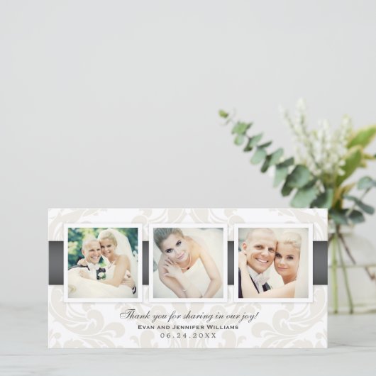  Damask Pewter bruiloft Fotocollage Bedankkaart (Staand voorkant)