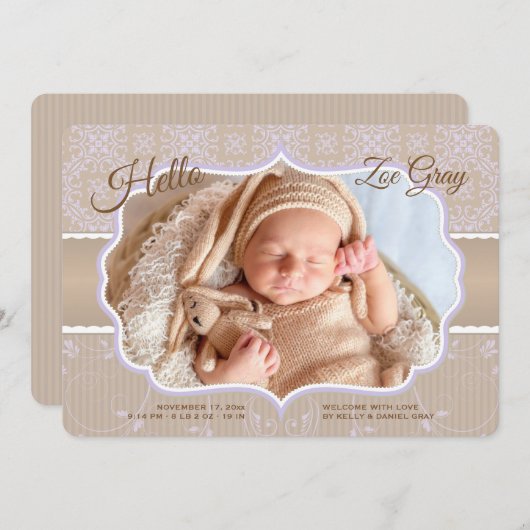 Damask Photo Faire-part de naissance (Devant / Derrière)