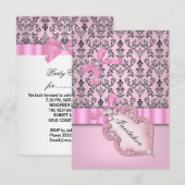 Damask Pink Grey Silver Birthday Party Kaart (Voorkant / Achterkant)