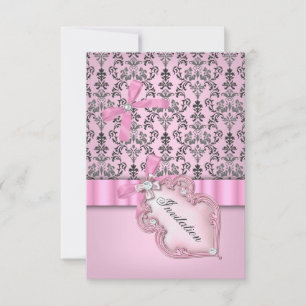 Damask Pink Grey Silver Birthday Party Kaart