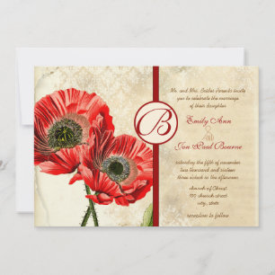  Damask Poppy Red Wedding Invite Kaart
