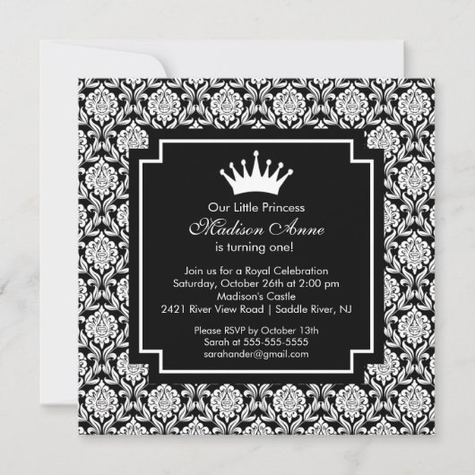 Damask Princess Crown Birthday Party Invitation (Devant)
