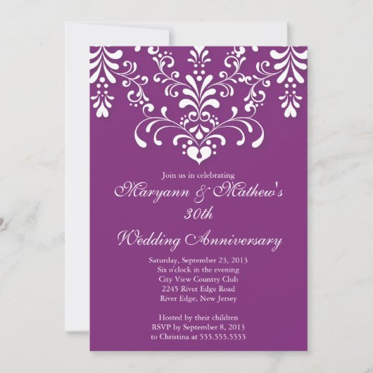 Damask Purple Mariage Anniversaire Invitation (Devant)
