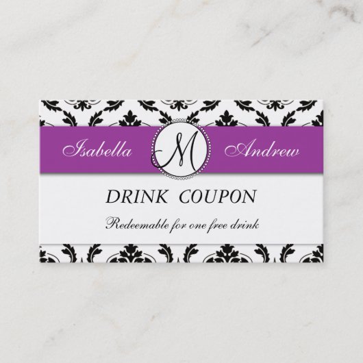 Damask Purple Mariage Carte Coupon de boisson grat (Devant)
