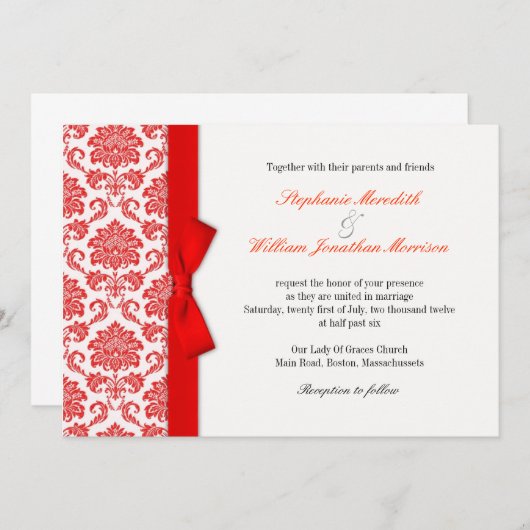 Damask Red Bow Faire-part de mariage (Devant / Derrière)