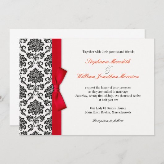 Damask Red Bow Faire-part de mariage (Devant / Derrière)