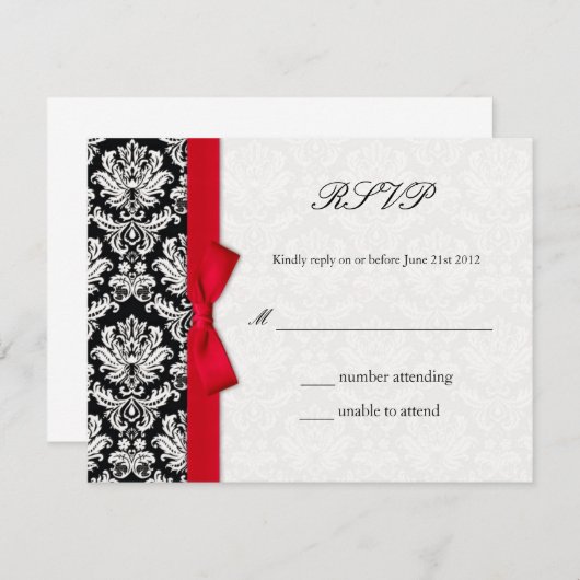 Damask Red Bow Wedding Carte RSVP (Devant / Derrière)