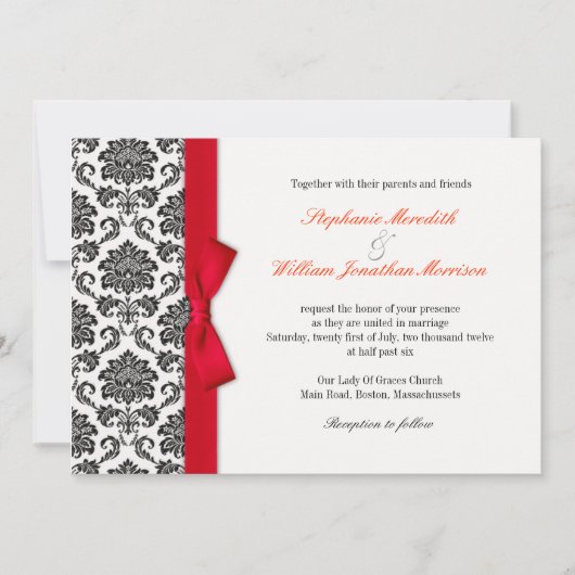 Damask Red Bow Wedding Invitation Kaart (Voorkant)