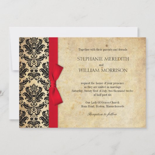 Damask Red Bow Wedding Invitation Kaart (Voorkant)