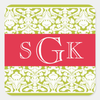 Damask red green 3 initiaal monogram bruiloft vierkante sticker