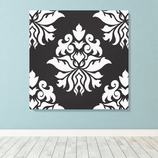 Damask  Repeat Pattern - wit op zwart Canvas Afdruk (Insitu (Houten vloer))