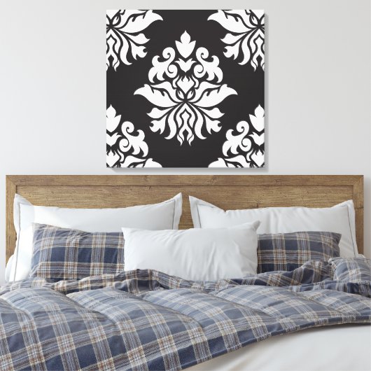 Damask  Repeat Pattern - wit op zwart Canvas Afdruk (Insitu (Slaapkamer))