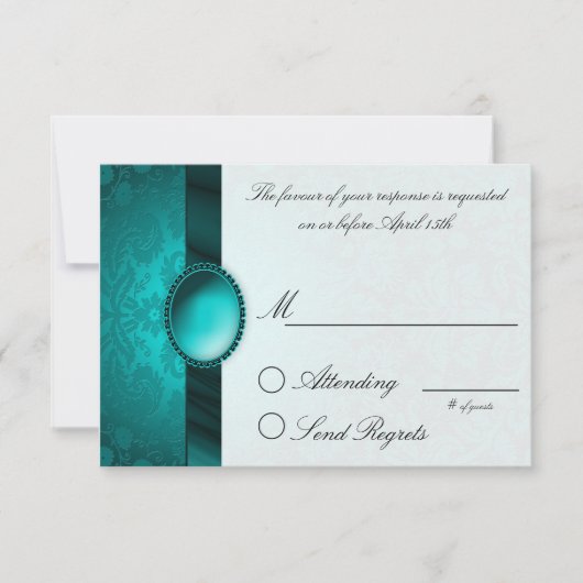 Damask Ribbon Turquoise Reply Card RSVP Kaartje (Voorkant)