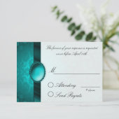 Damask Ribbon Turquoise Reply Card RSVP Kaartje (Staand voorkant)
