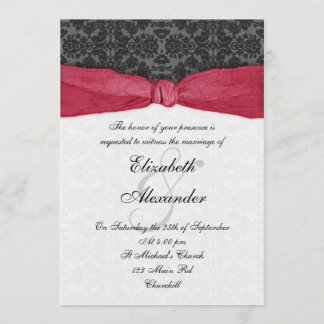 Damask Ribbon Wrapped Invitation - Red Kaart