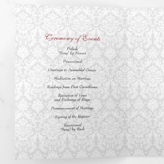  Damask Rood Zwart Drievoudig Trouwprogramma Drieluik Programma (Binnenzijde eerst)