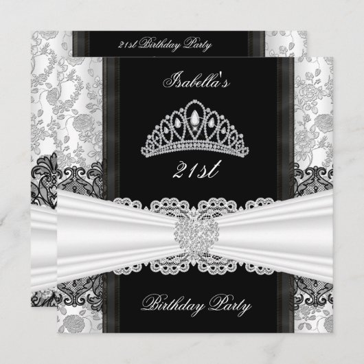 Damask Roos Black White Tiara Birthday Party Kaart (Voorkant / Achterkant)