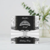 Damask Roos Black White Tiara Birthday Party Kaart (Staand voorkant)