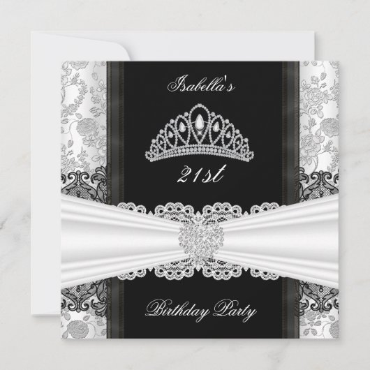Damask Roos Black White Tiara Birthday Party Kaart (Voorkant)