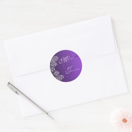 Damask Royal Paars Wedding Round Stickers (Envelop)
