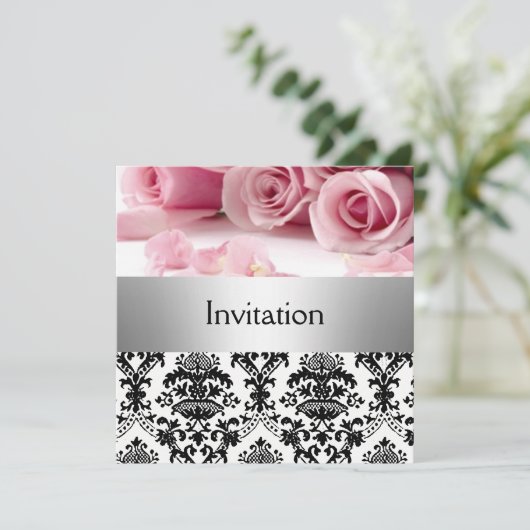 Damask Roze Rozen Feest Uitnodiging save the date (Staand voorkant)