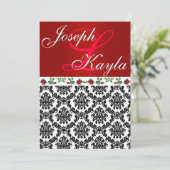 Damask & Rozen Elegant Red & Black & White Wedding Kaart (Staand voorkant)