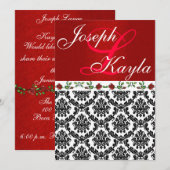 Damask & Rozen Elegant Red & Black & White Wedding Kaart (Voorkant / Achterkant)