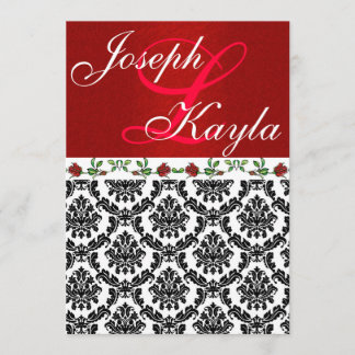 Damask & Rozen Elegant Red & Black & White Wedding Kaart