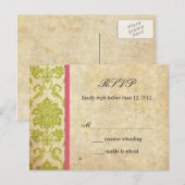  Damask RSVP Briefkaart in Roze en Groen (Voorkant / Achterkant)