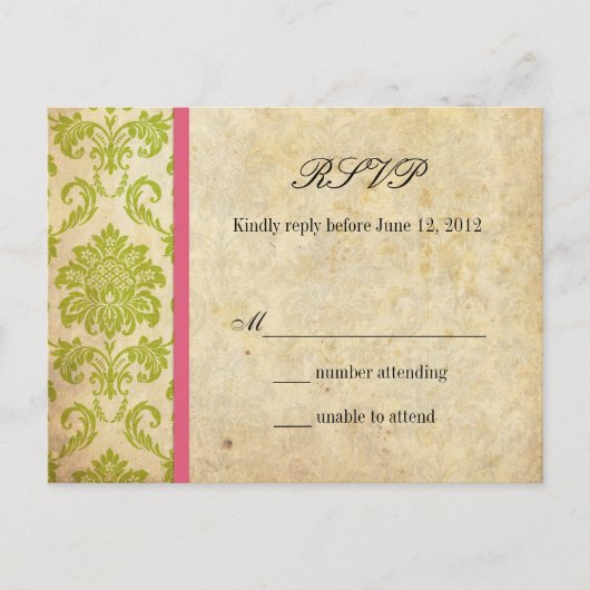  Damask RSVP Briefkaart in Roze en Groen (Voorkant)