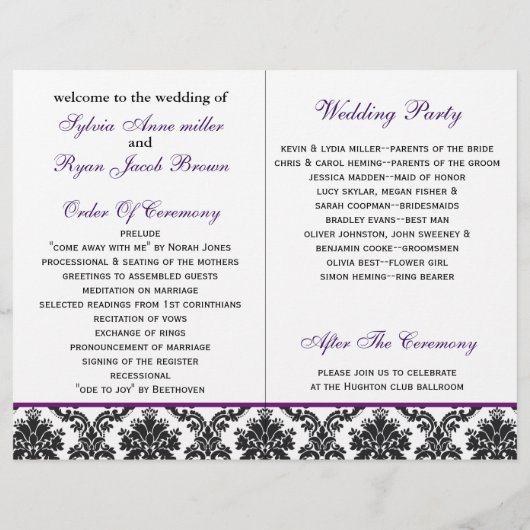 damask, ruban violet livre plié Mariage programme (Dos)