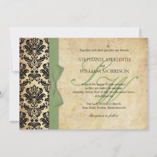 Damask  Sage Bow Wedding Invitation Kaart (Voorkant)