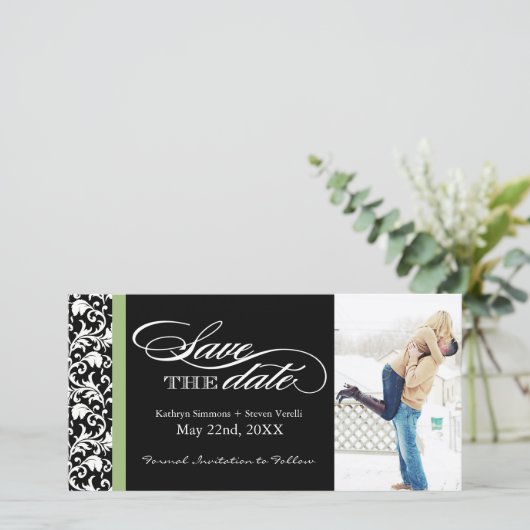 Damask Save The Date met groene accentkleur (Staand voorkant)