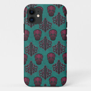 DAMASK schedel hete roze op TEAL iPhone 11 Hoesje