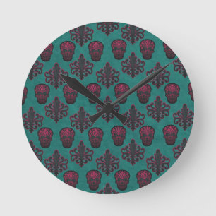 DAMASK schedel hete roze op TEAL Ronde Klok