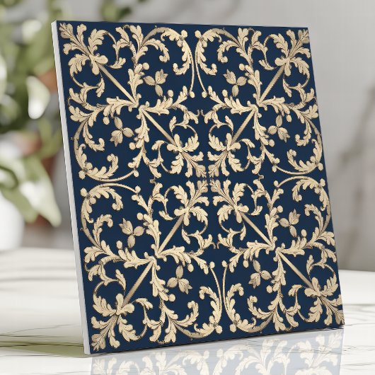  Damask Scroll Botanical Navy Blauw Goud Tegeltje
