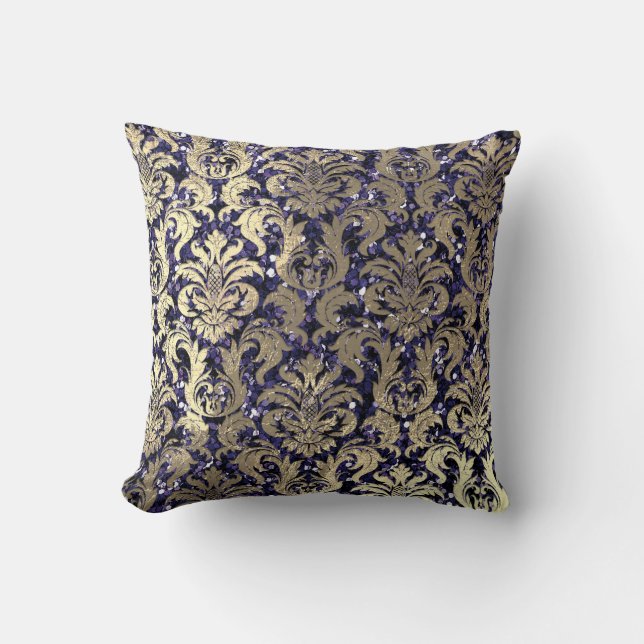 Damask Sepia Gold Metallic Blue Navy Glitter Kussen (Voorkant)