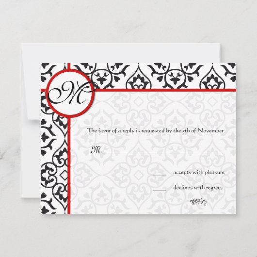 Damask Side Borders Red Trim Weddenschap RSVP (Achterkant)