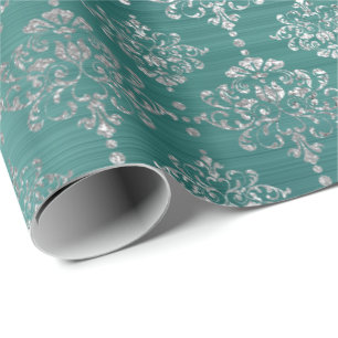 Damask Silver Blauwgroen Aquatic Ocean Royal Ornam Cadeaupapier