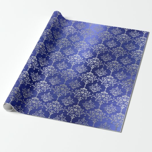 Damask Silver Cobalt Blue Royal Ornament Frankrijk Cadeaupapier (Uitgerold)